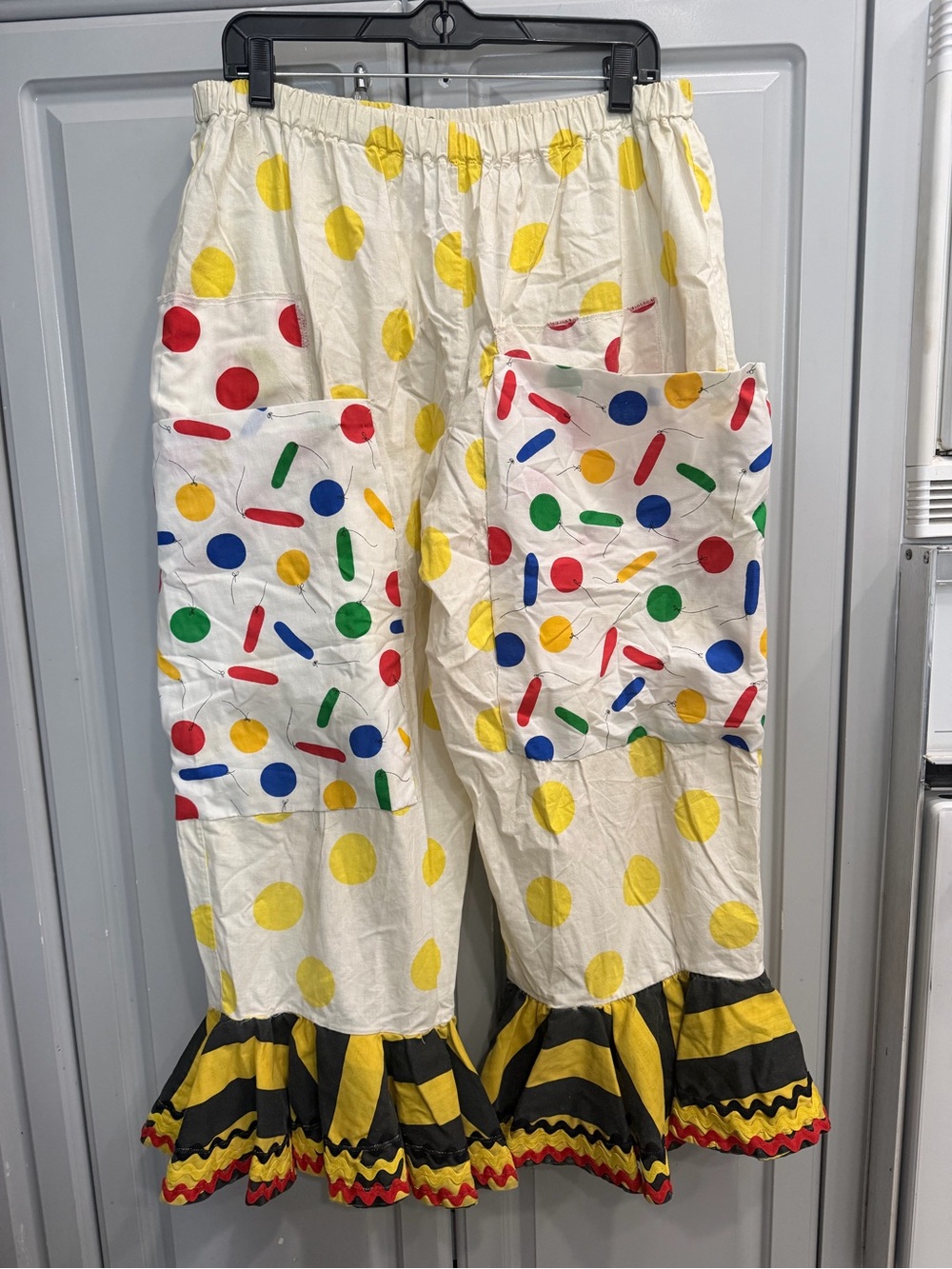 Clown Bloomers Circus Costume Ruffle, Patch Pocket Sprinkle Polka Dots Pants